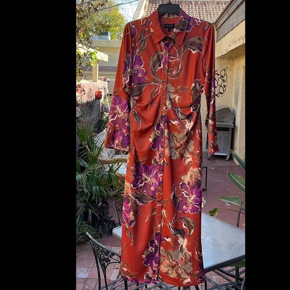 DONNA KARAN NY Painterly Bodice Side Ruched Button Down Dress EUC Sz 6 (4)